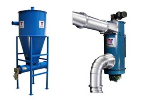 Typical devices used to discharge the collected dust. On the left is the cyclone separator with final horizontal screw conveyor. The second is a vertical compactor where the screw conveyor is inside in a vertical position.
