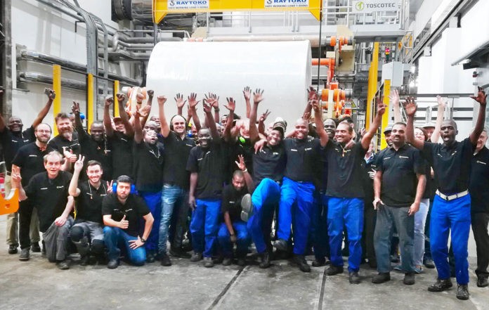 Start-up cheers: The team at the Picknik Marketing Pty launch of the Toscotec-supplied MODULO-PLUS tissue machine at its Johannesburg mill Start-up cheers: The team at the Picknik Marketing Pty launch of the Toscotec-supplied MODULO-PLUS tissue machine at its Johannesburg mill