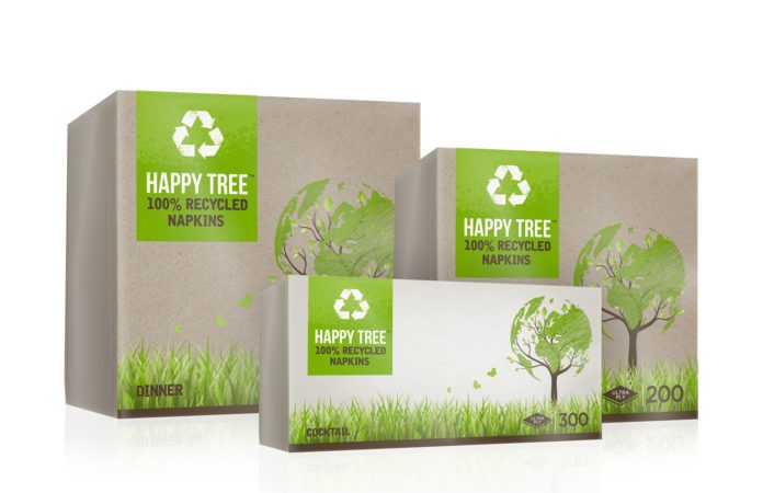 Happy-Tree-Recycled-Napkin-Pack-Group Innovation: Poppies Europe has developed a new brand – ‘Happy Tree’ – which is made from 100% recycled unbleached tissue
